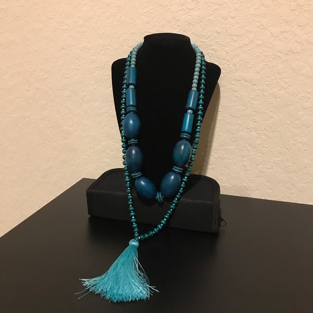 Elegant Blue Beaded Necklace with Tassel